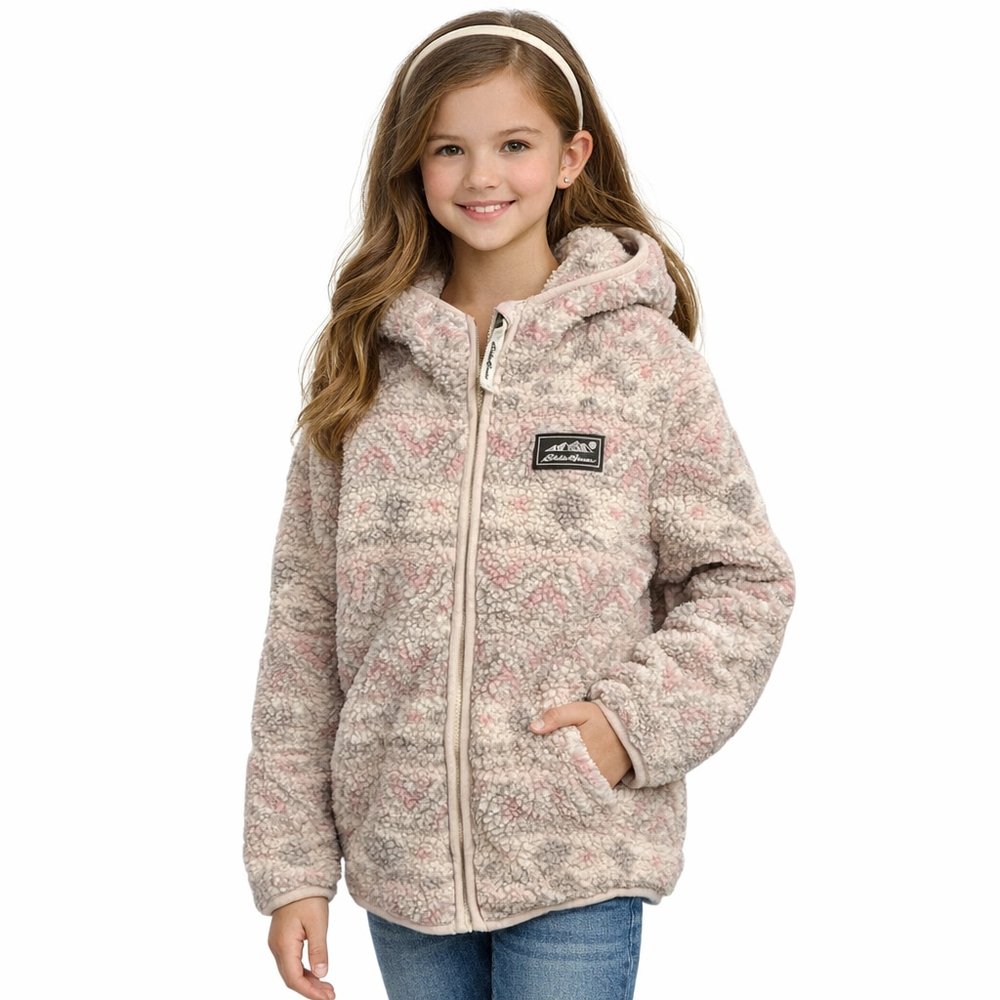 Eddie Bauer Sherpa Hoodie Jacket Kids M 10/12 Pink Gray Cozy Zip